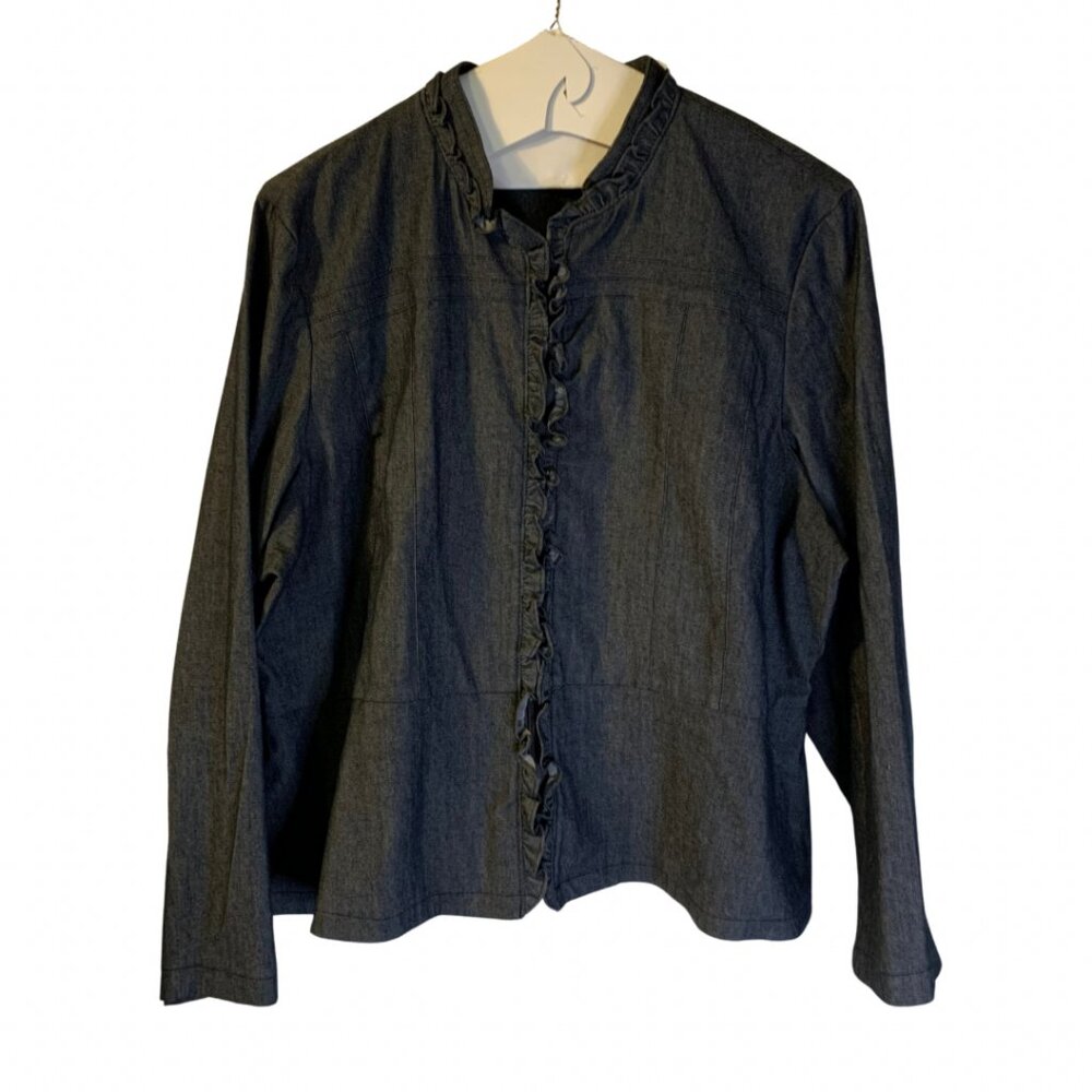 Sandro Studio Womens Denim Jacket Plus Size 3X Blue Ruffled Full Zip Boxy Office